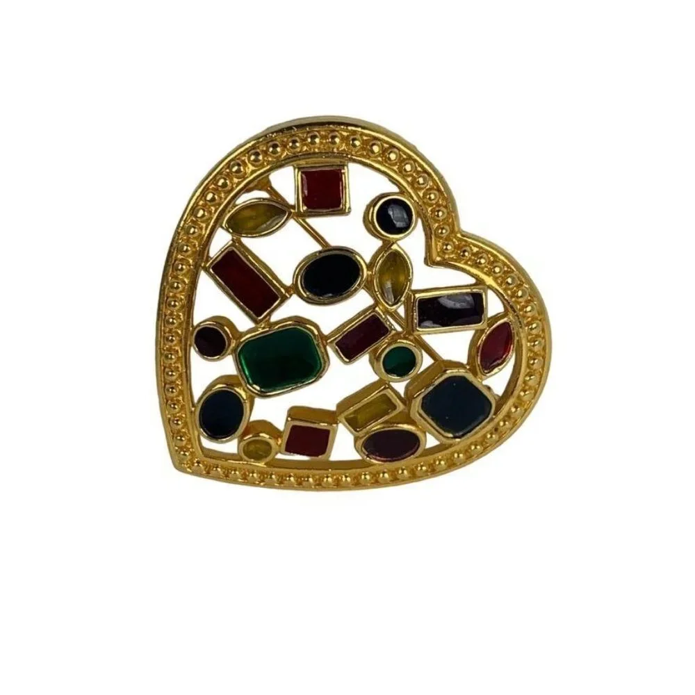 Colorful Enameled Geometric‎ Design Heart Shaped Brooch Pin Gold Tone Rainbow